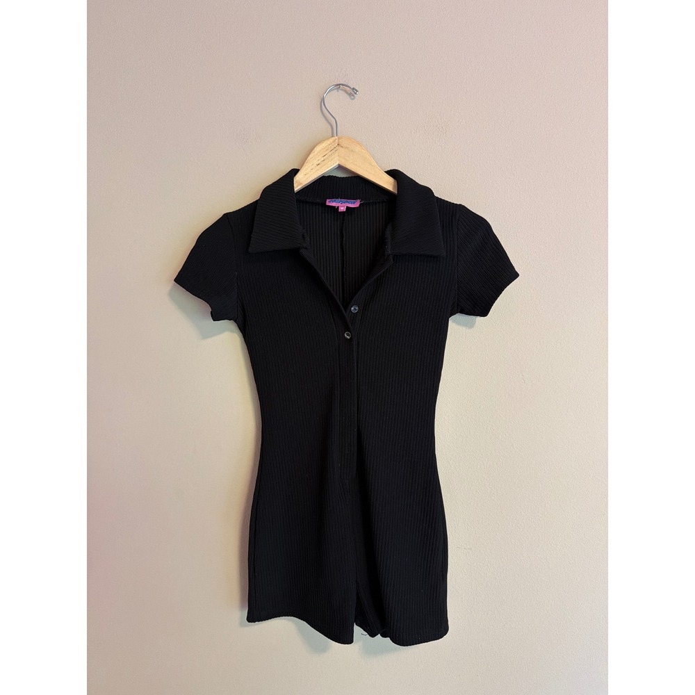 Edikted Black Ribbed Short Sleeve Polo Collar Romper Playsuit Women XS